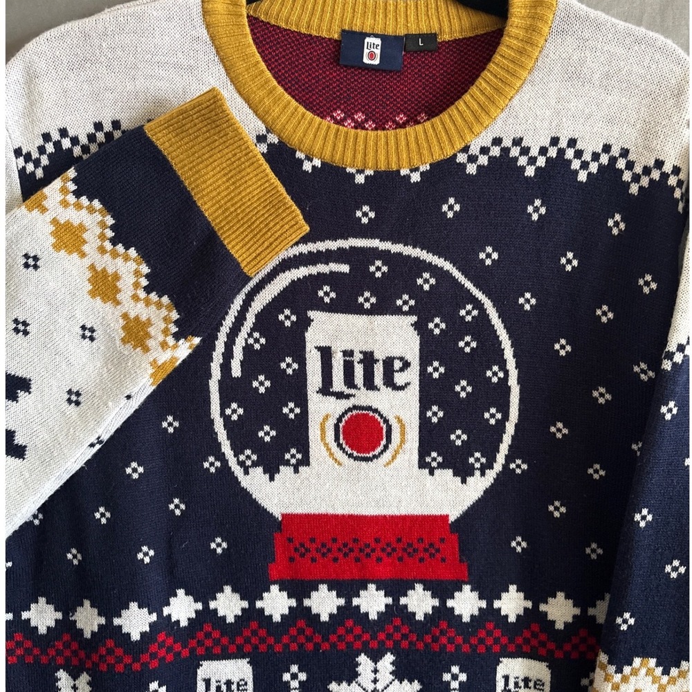 Miller Lite Ugly Christmas Sweater Large Navy Blue Kitschy Beer Snow Globe Knit
